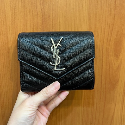 YSL 黑荔枝皮銀釦三折短夾
