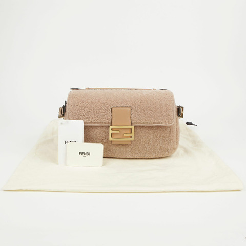 FENDI 粉紅羊毛羊皮多色法棍手提單肩包