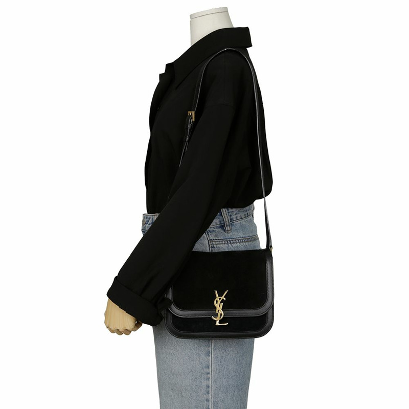 SAINT LAURENT 黑色絨面皮革飾邊 Solferino 肩背包和斜背包-11