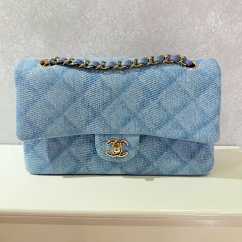 Chanel 經典淺牛仔菱格紋丹寧CF包 金扣