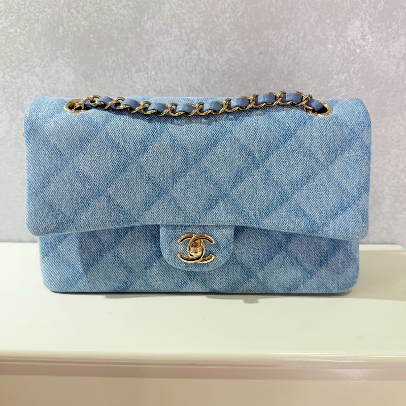 Chanel 經典淺牛仔菱格紋丹寧CF包 金扣-0