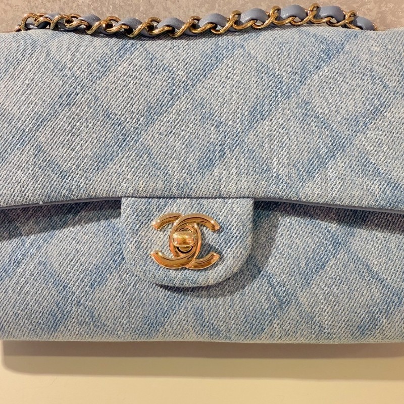 Chanel 經典淺牛仔菱格紋丹寧CF包 金扣-5