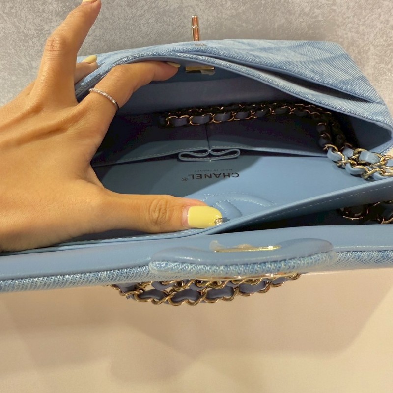 Chanel 經典淺牛仔菱格紋丹寧CF包 金扣-7