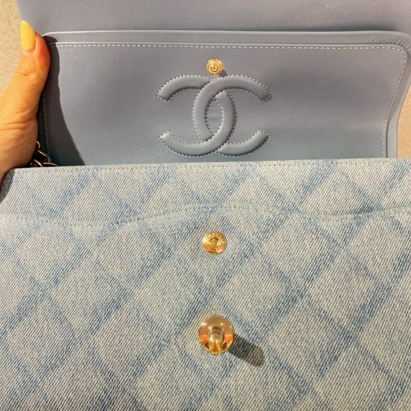 Chanel 經典淺牛仔菱格紋丹寧CF包 金扣-8