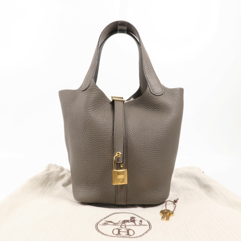 HERMES Clemence皮革Picotin PM金扣手挽袋Etain-13