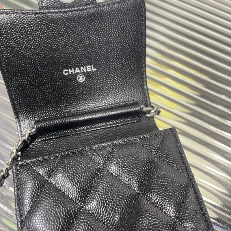 Chanel 黑銀荔枝紋牛皮 手機包 31開。-6