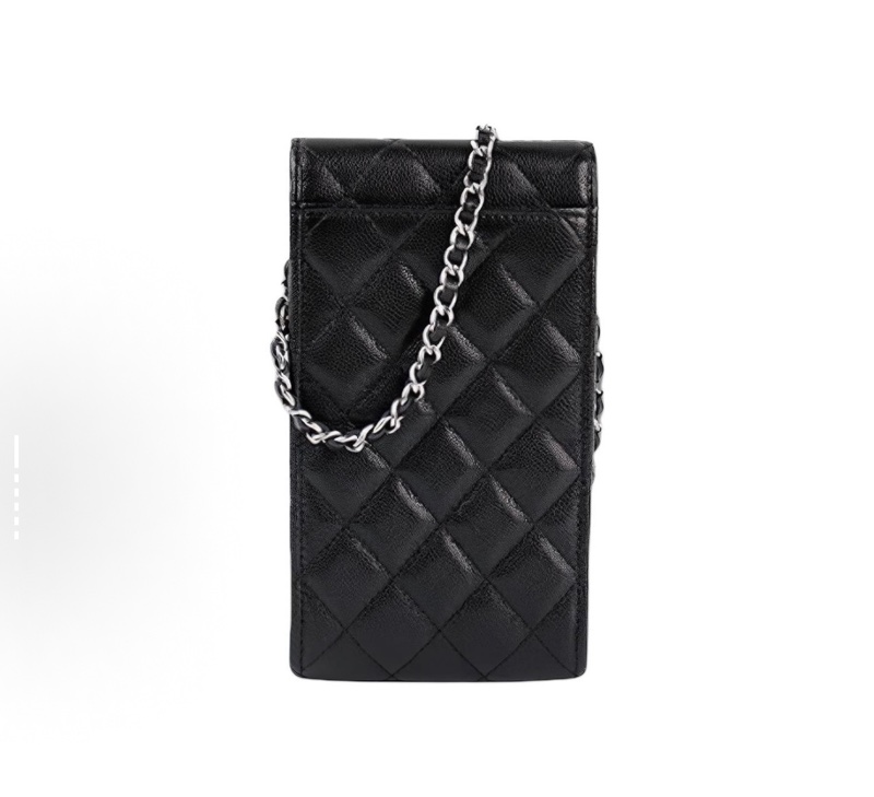 Chanel 黑銀荔枝紋牛皮 手機包 31開。-4