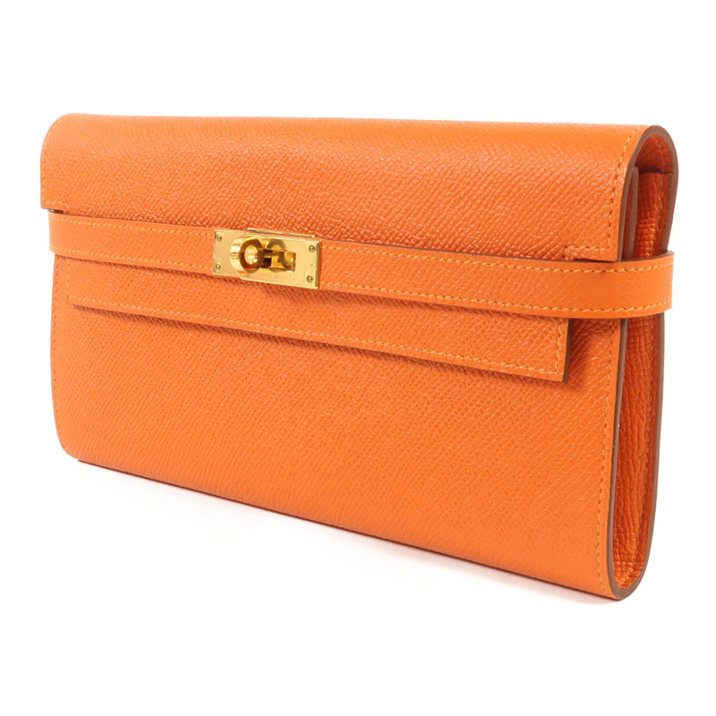 HERMES Epsom皮革Kelly Long Wallet銀扣長錢包Orange-2