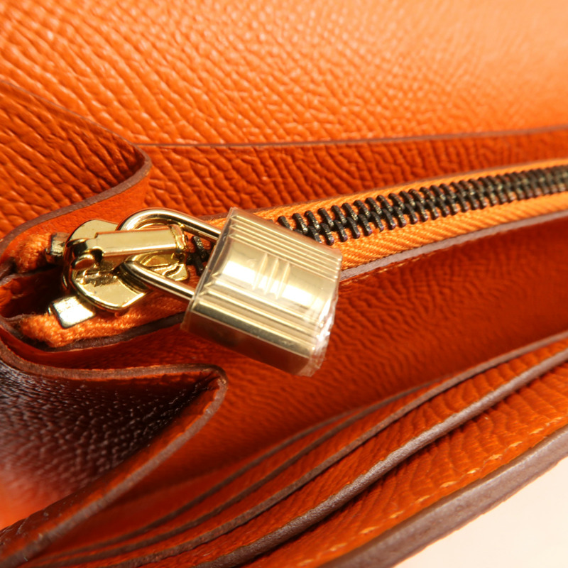 HERMES Epsom皮革Kelly Long Wallet銀扣長錢包Orange-9