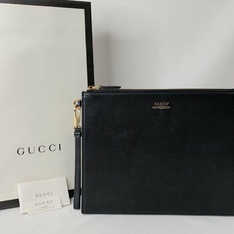 GUCCI 燙金Logo黑色皮革手拿包