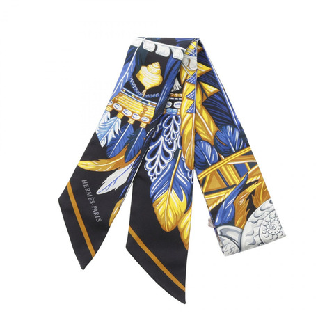 HERMES Twilly Dance Pacifique 圍巾 絲綢 絲綢 黑色 藍色 多色 二手 女士