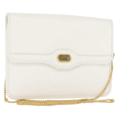 Christian Dior 鏈條肩背包 皮革 白金 正品 144367