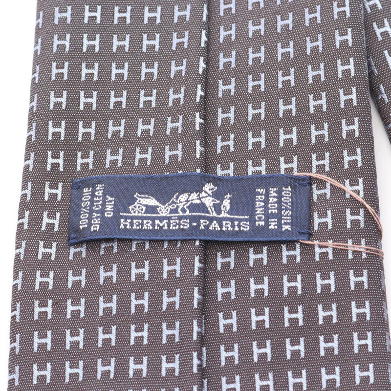 HERMES H 圖案領帶真絲絲綢灰色藍色二手男式-3