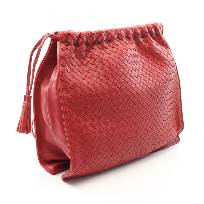 BOTTEGA VENETA Intrecciato 抽繩單肩斜背包皮革紅色二手-1