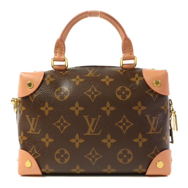 LOUIS VUITTON Monogram Petite Malle Souple金扣手挽肩背兩用袋棕色/粉紅色-1
