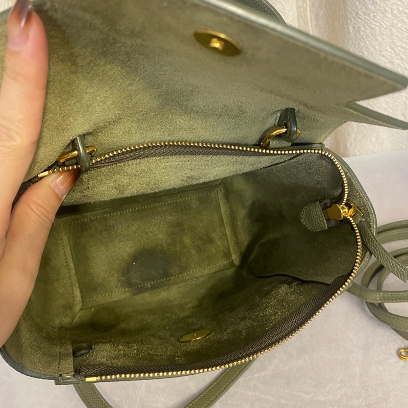 Celine 塞琳 荔枝牛皮 橄欖綠鯰魚包 nano號 手提單肩斜挎包-7
