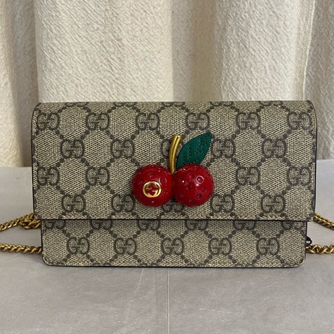 GUCCI古馳 立立體櫻桃裝飾老花logo鏈條包 mini號
