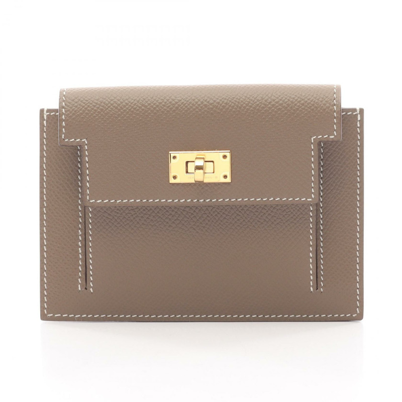 HERMES Kelly Pocket Compact 零錢包 Epsom 皮革 Etoupe 二手 GHW D-0