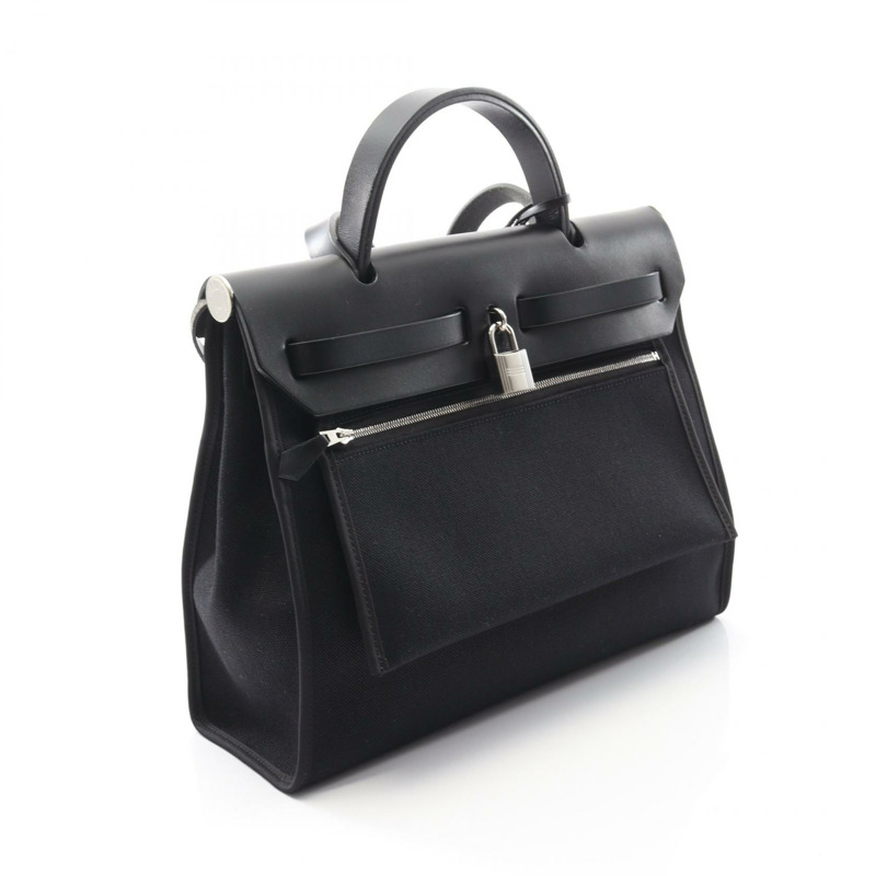 HERMES Herbag Zip PM 托特包手提包 Toile 軍用 Vache 獵人包黑色二手 SHW D-1