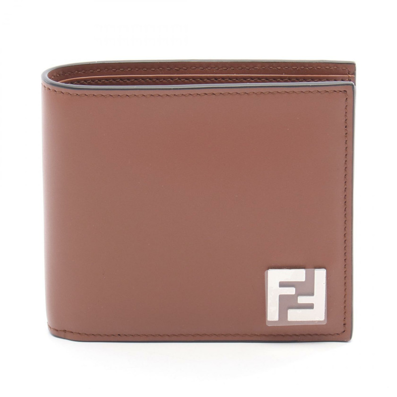 FENDI FF 方形雙折皮夾 7M0356 皮革 PVC 帆布 棕色 黑色 全新 男式-0