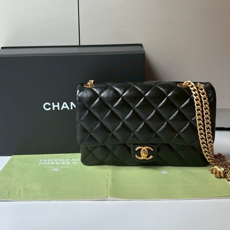 Chanel 金鍊調節釦黑皮菱格口蓋包 24-0