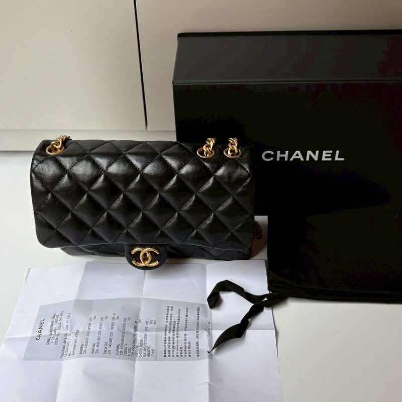 Chanel 金鍊調節釦黑皮菱格口蓋包 24-1