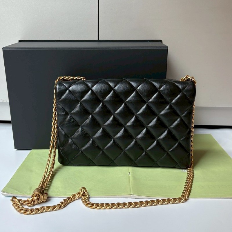 Chanel 金鍊調節釦黑皮菱格口蓋包 24-4