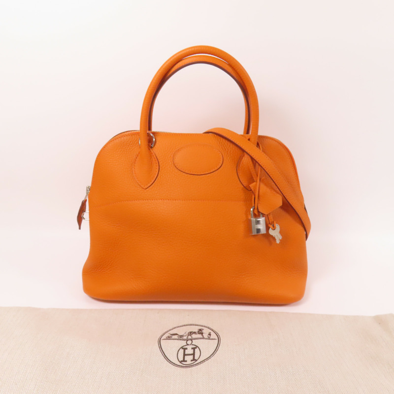 HERMES Clemence皮革Bolide 31銀扣手挽肩背兩用袋Orange-13