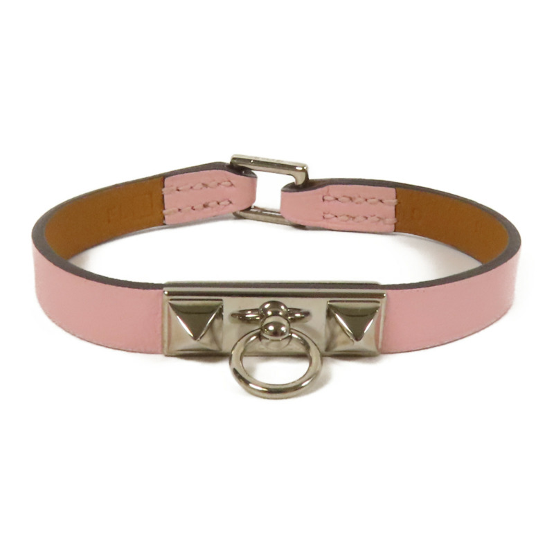 HERMES Swift皮革Rivale Tour Bracelet S銀扣手鐲Pink-0