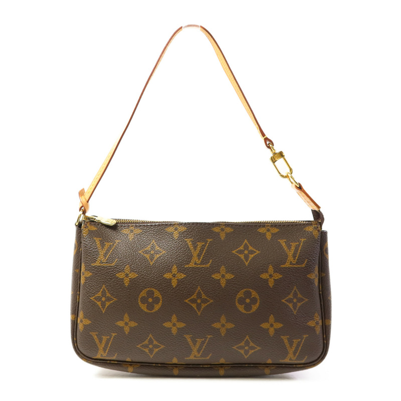 LOUIS VUITTON Monogram Pochette Accessoires金扣手挽袋棕色-0