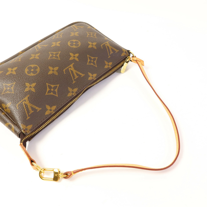 LOUIS VUITTON Monogram Pochette Accessoires金扣手挽袋棕色-4