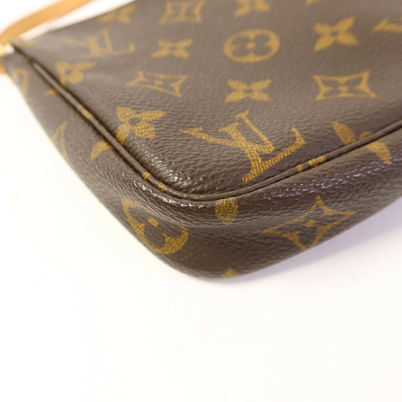 LOUIS VUITTON Monogram Pochette Accessoires金扣手挽袋棕色-11
