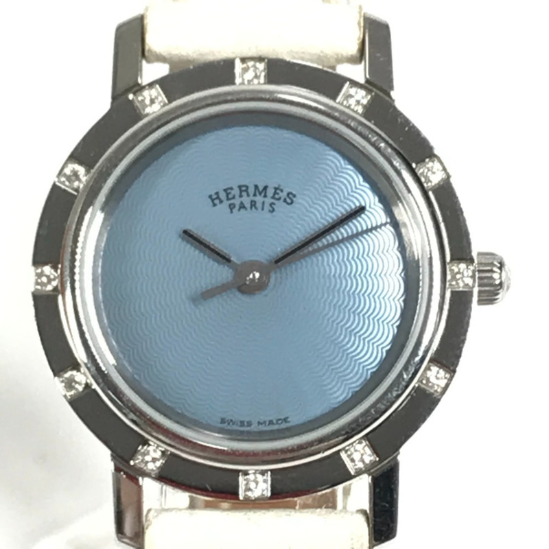 HERMES CL4.230 Clipper Nacle 12 件鑽石女士手錶,搭配皮革錶帶,白色皮革/不銹鋼-1