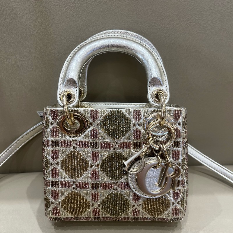 Dior lady限量版釘珠micro戴妃mini手提包 肩背包斜背包-6
