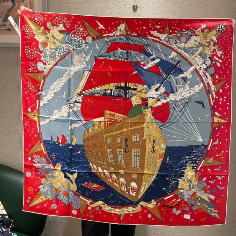Hermes 90 x 90cm 褔寶遊輪派對圖案絲巾 紅色-0