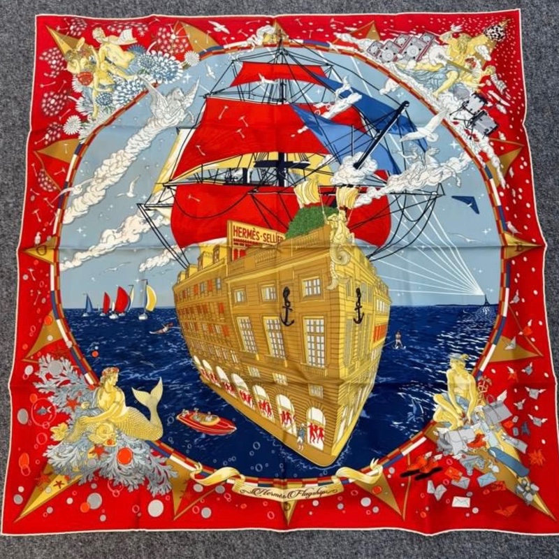 Hermes 90 x 90cm 褔寶遊輪派對圖案絲巾 紅色-1