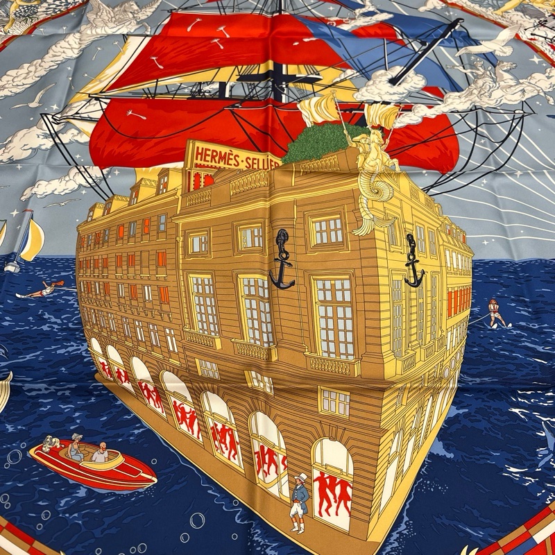 Hermes 90 x 90cm 褔寶遊輪派對圖案絲巾 紅色-3
