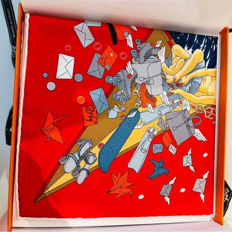 Hermes 90 x 90cm 褔寶遊輪派對圖案絲巾 紅色-4