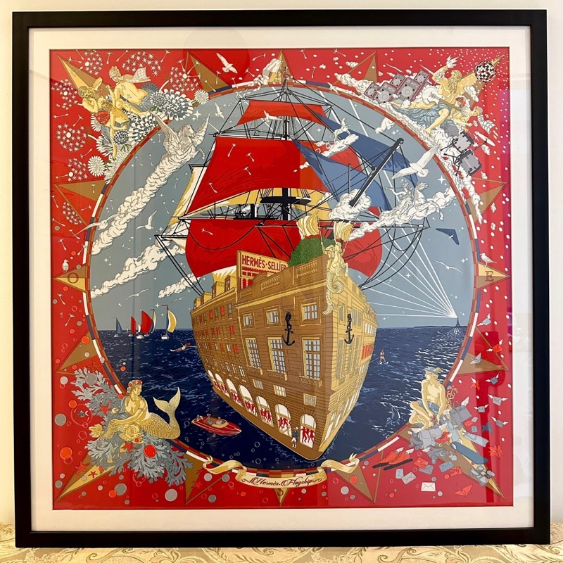 Hermes 90 x 90cm 褔寶遊輪派對圖案絲巾 紅色-5