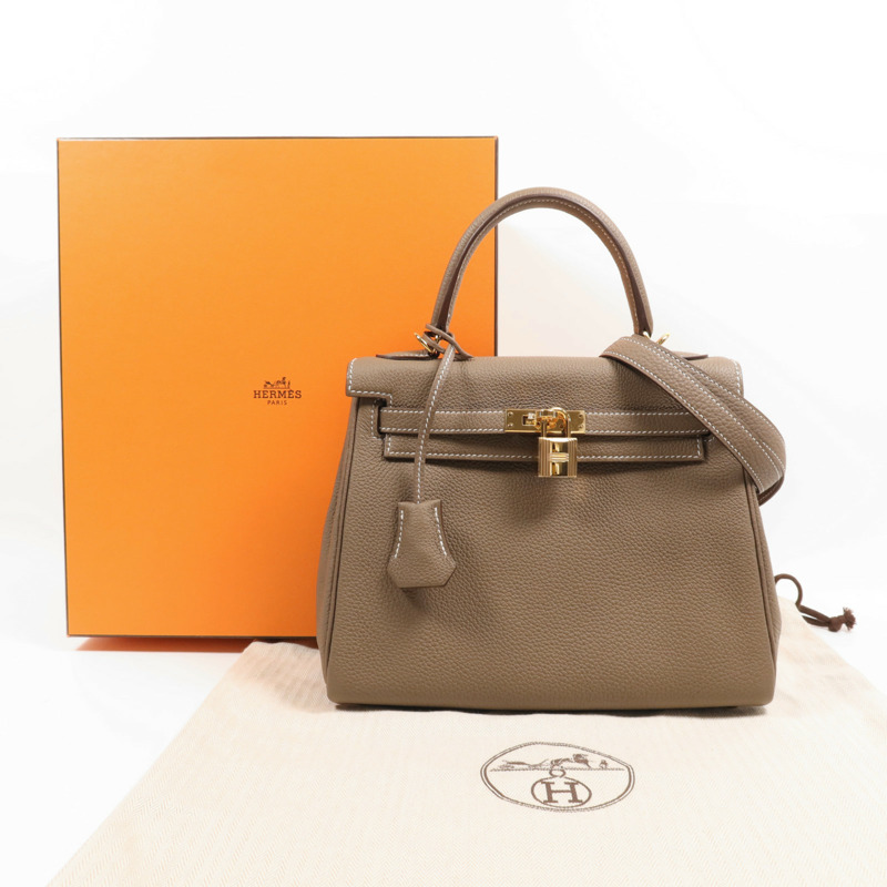 HERMES Togo皮革Kelly 25金扣手挽肩背兩用袋Etoupe-2