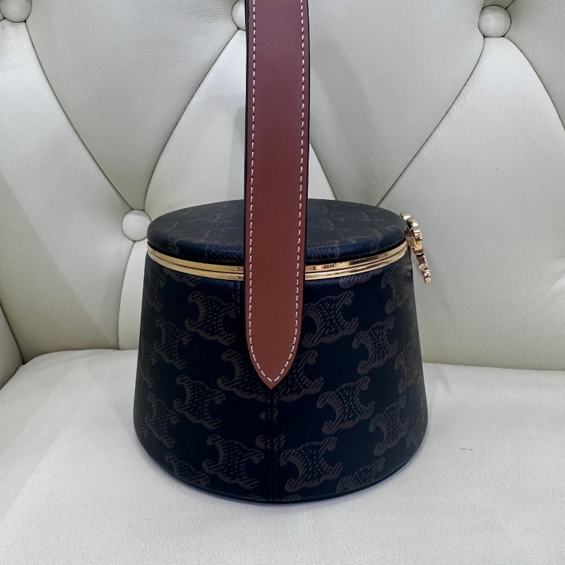 Celine Triomphe 凱旋門 老花飯盒包 圓桶包 化妝盒 內置化妝鏡 手提包-8
