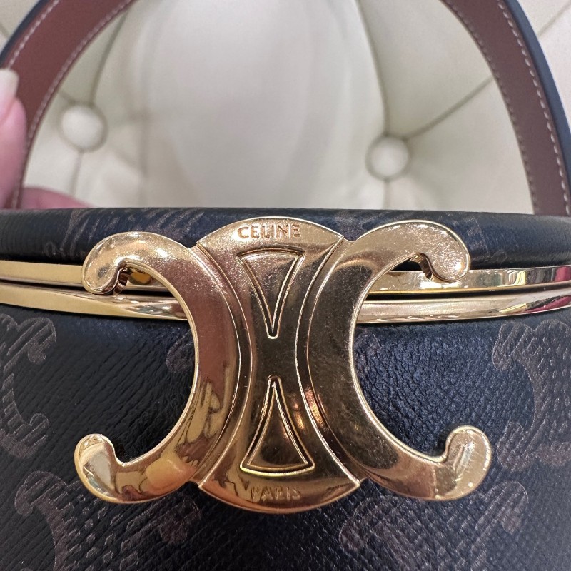 Celine Triomphe 凱旋門 老花飯盒包 圓桶包 化妝盒 內置化妝鏡 手提包-11