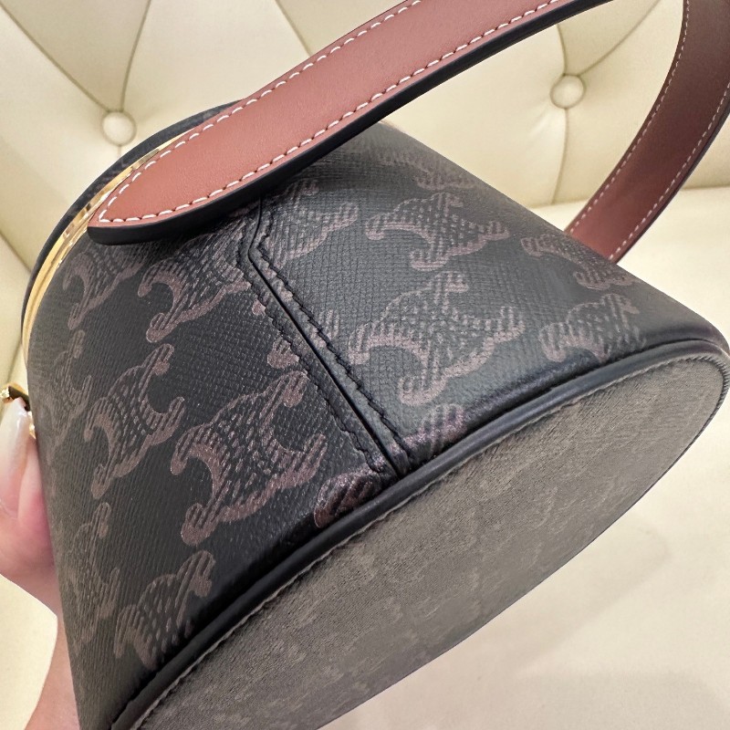 Celine Triomphe 凱旋門 老花飯盒包 圓桶包 化妝盒 內置化妝鏡 手提包-15