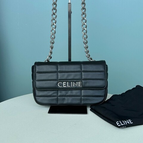 Celine 黑色 羊皮冰格鏈條包 肩背包 底長22cm