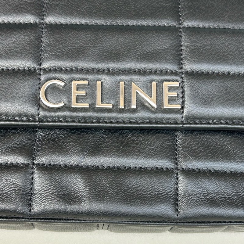 Celine 黑色 羊皮冰格鏈條包 肩背包 底長22cm-4