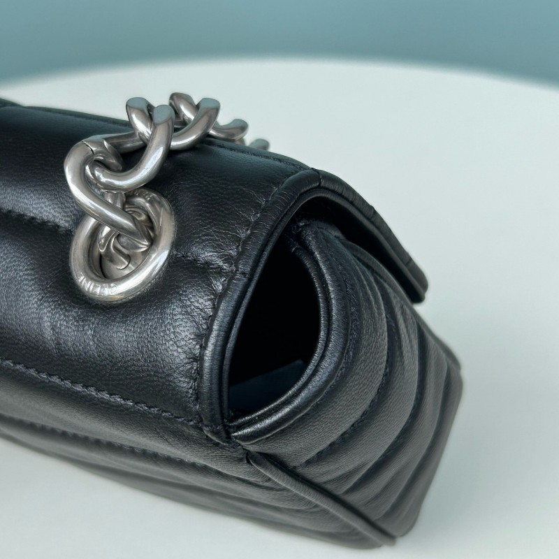 Celine 黑色 羊皮冰格鏈條包 肩背包 底長22cm-5