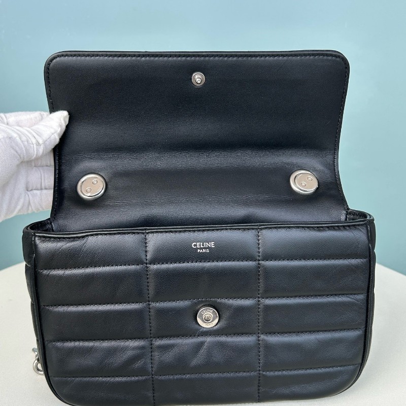 Celine 黑色 羊皮冰格鏈條包 肩背包 底長22cm-6