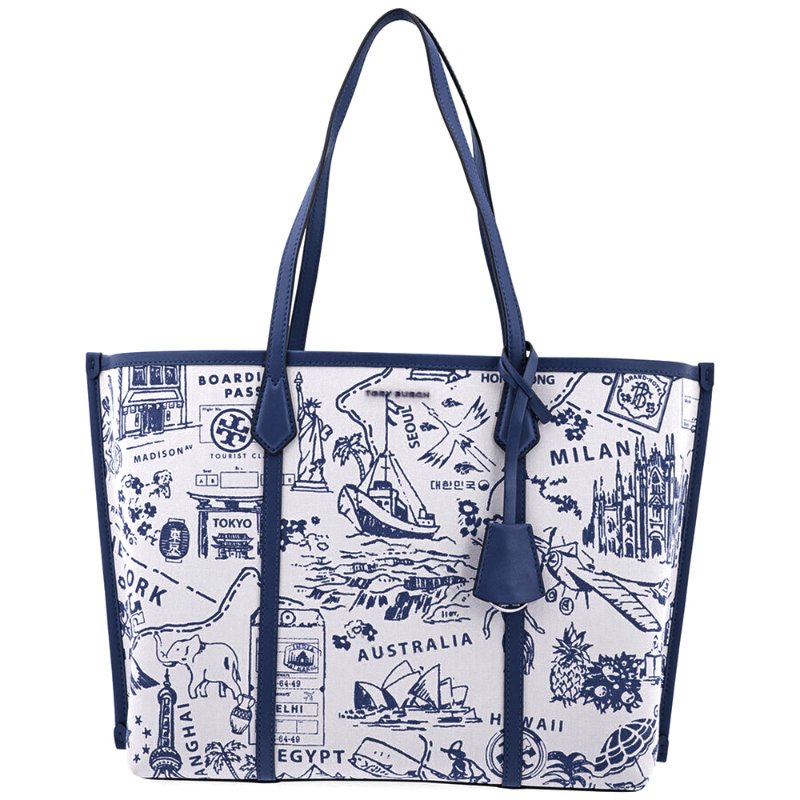【TORY BURCH】地圖印花帆布托特包-藍白-0