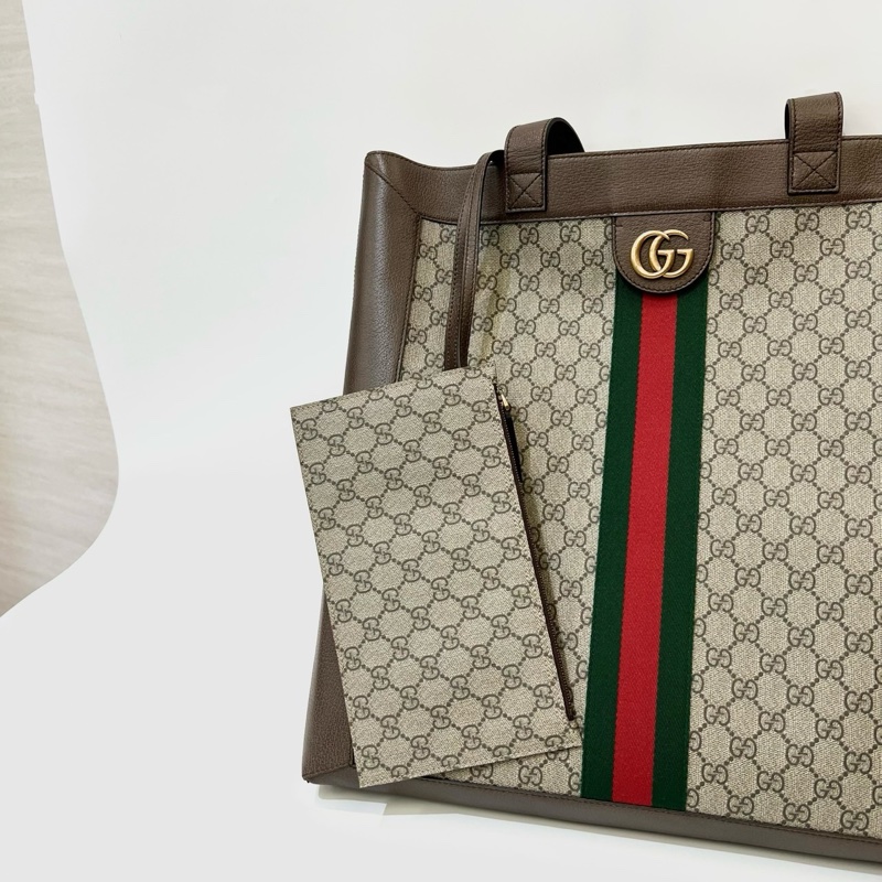 Gucci PVC咖牛皮霧金GG Ophidia大號直立式肩背托特包-1