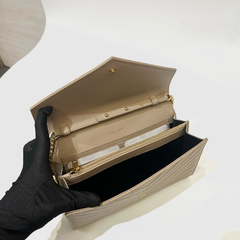 YSL 奶茶荔枝牛皮山形紋金釦信封下蓋10卡WOC斜背鏈包377828BOW012721-7